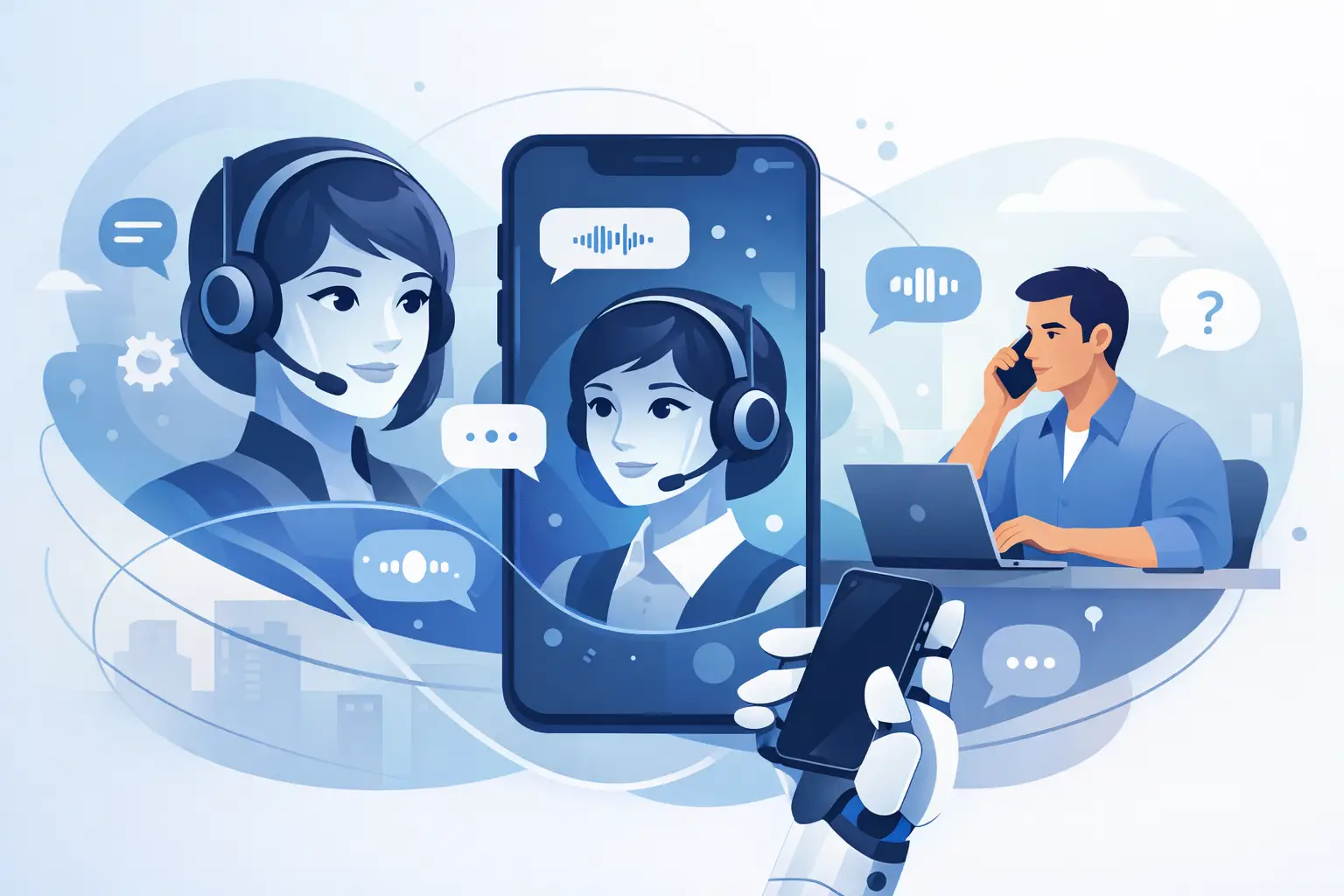 Conceptual illustration of an AI phone agent handling a customer call with speech waves, a phone, and integrations to CRM and calendar systems