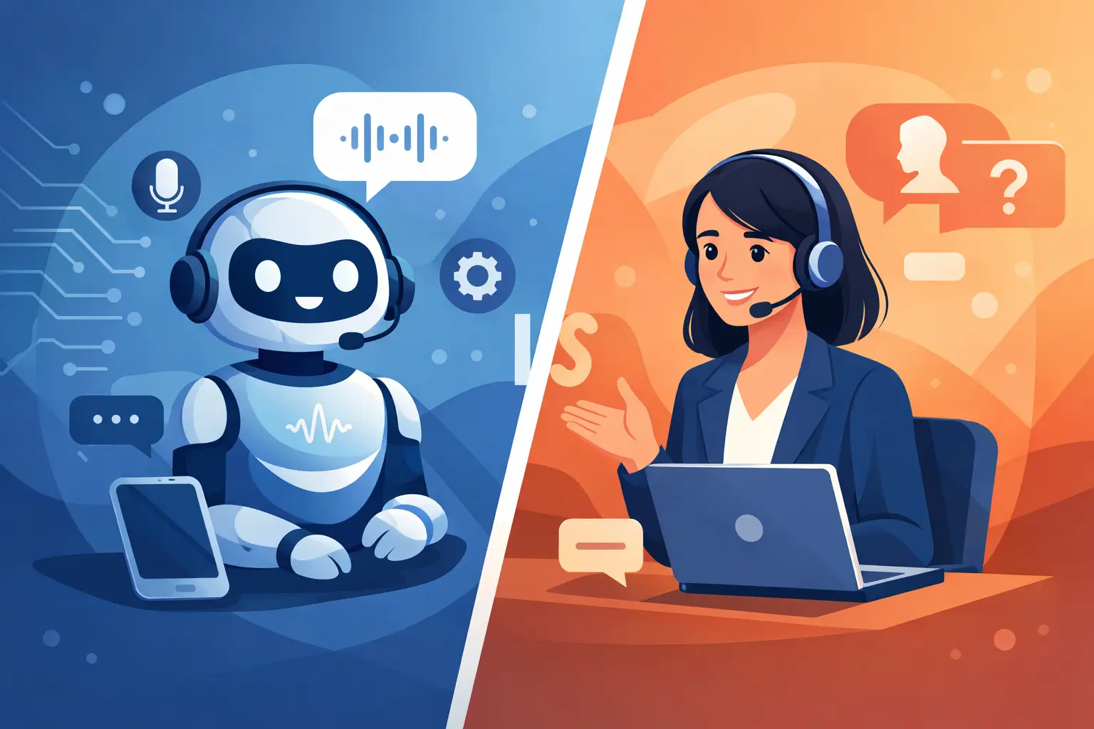 Split-screen illustration showing a voice bot waveform and a customer support agent headset representing voice bot versus live agent comparison