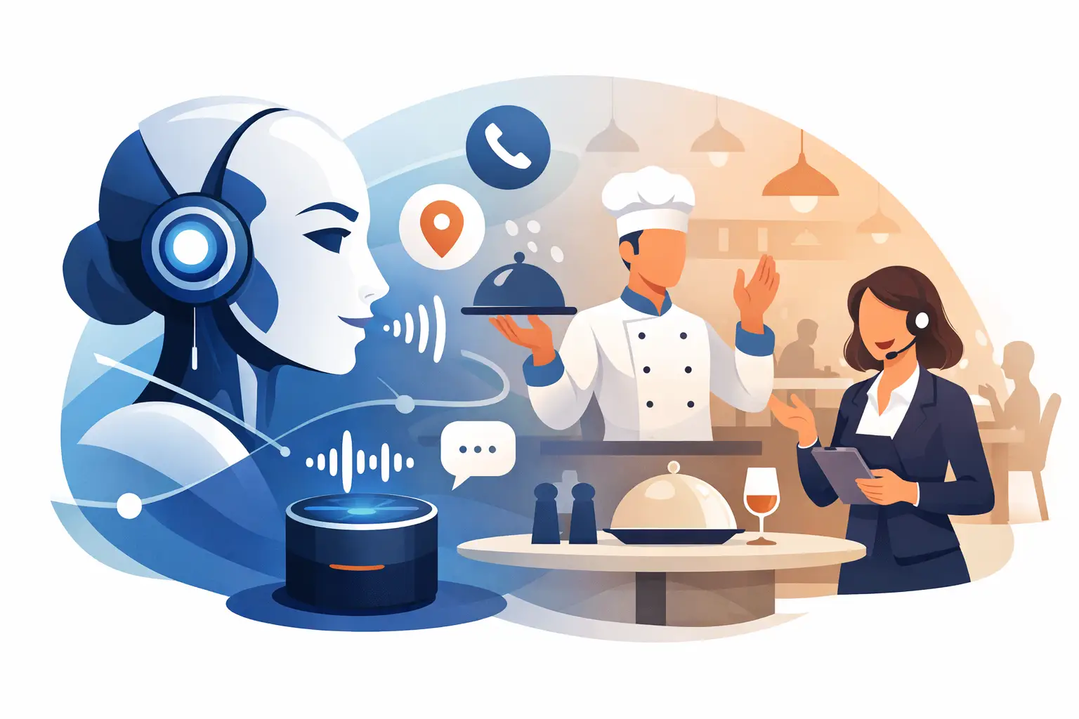 Restaurant host desk with ringing phone and an AI waveform overlay representing an AI voice agent answering orders and reservations