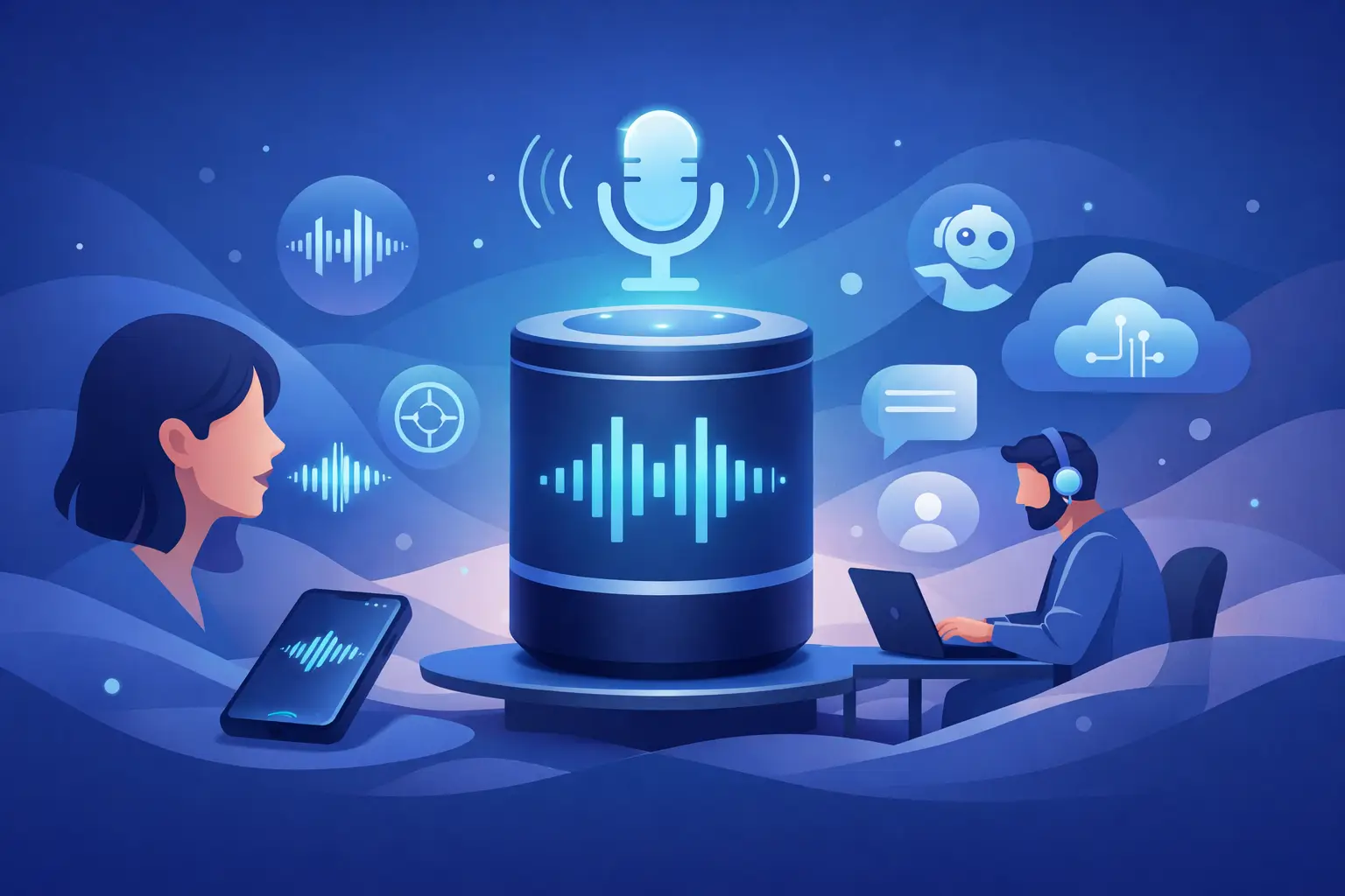Phone handset, waveform, and agent icons illustrating voice AI handling customer calls and automating call workflows