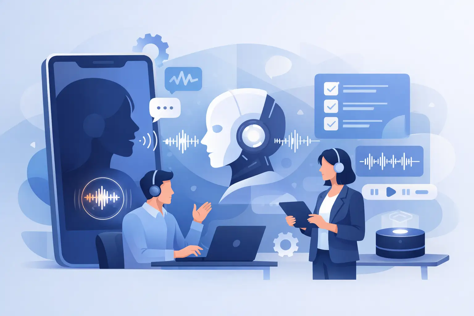 Engineer testing an AI voice agent with a call waveform, metrics dashboard, and headset in a contact center environment