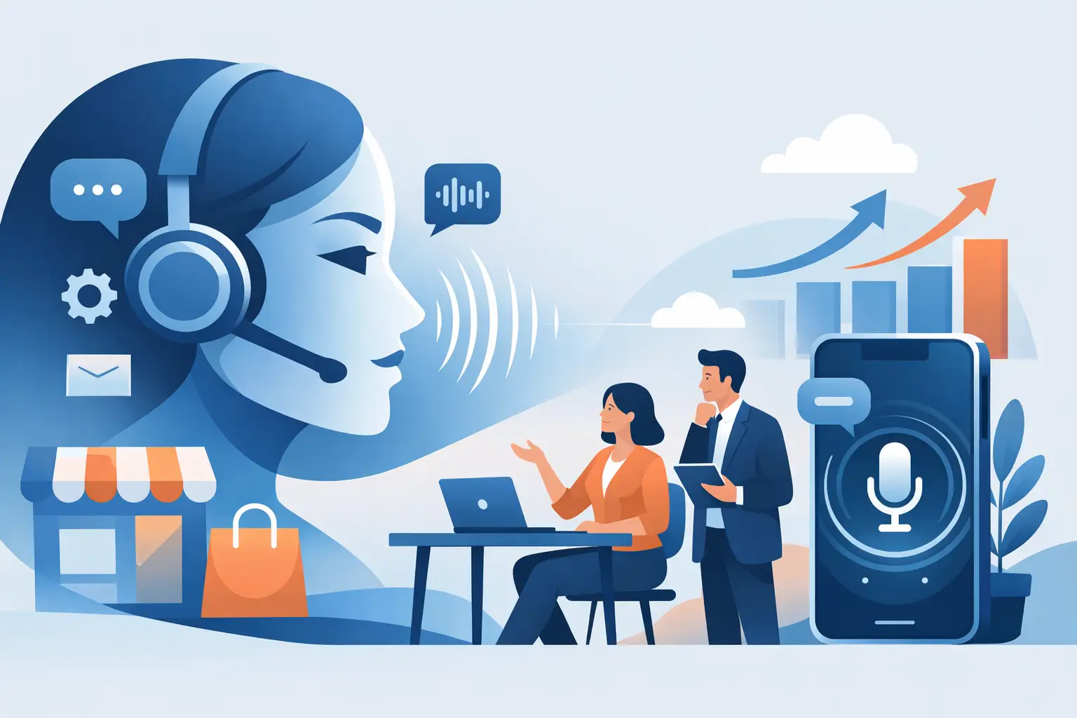 Small business owner on phone with AI voice waveform and calendar icons representing automated call handling, appointment booking, and lead qualification