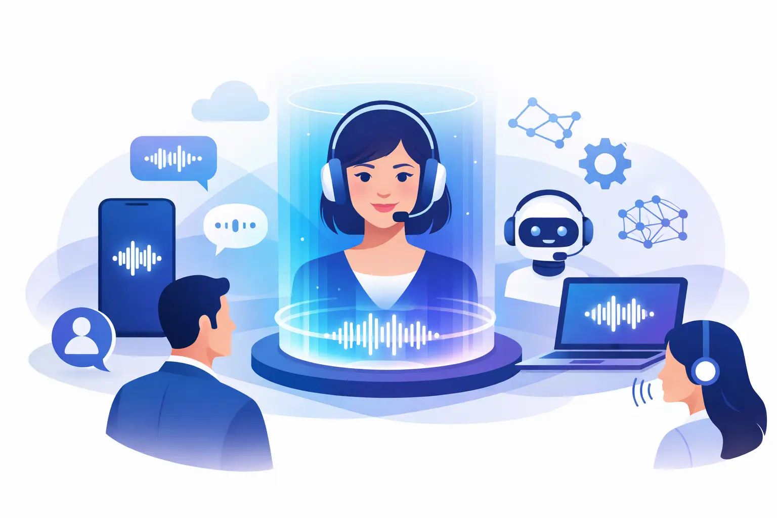 Illustration of an AI voice agent handling a customer call with waveform, chatbot avatar, and connected integrations like CRM and calendar