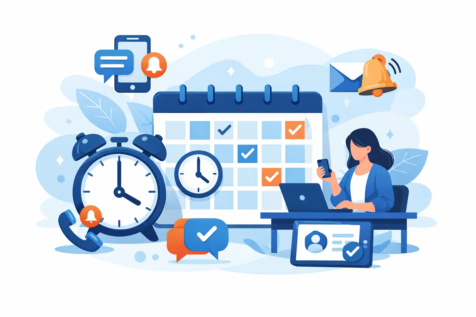 Phone and calendar showing SMS, email, and voice reminder icons representing appointment reminder software for healthcare and service businesses