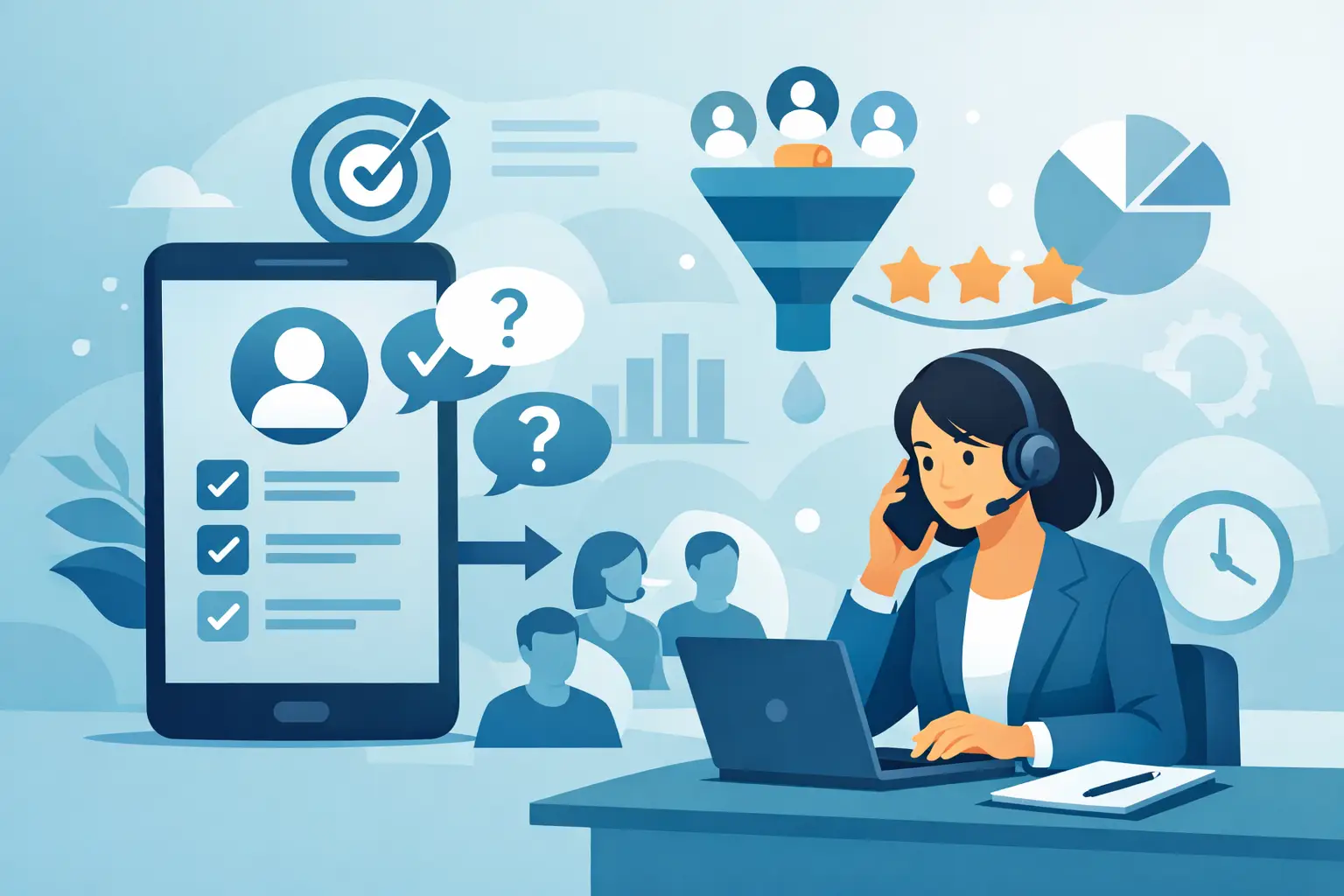 Sales representative qualifying an inbound lead by phone while taking notes on a laptop