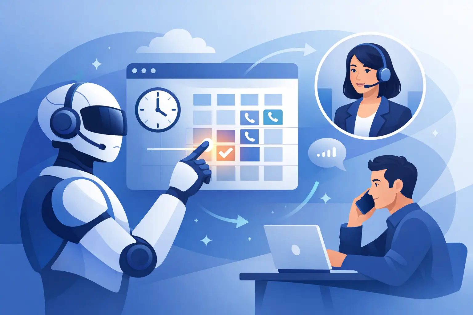 AI voice assistant scheduling an appointment on a digital calendar while interacting with a caller
