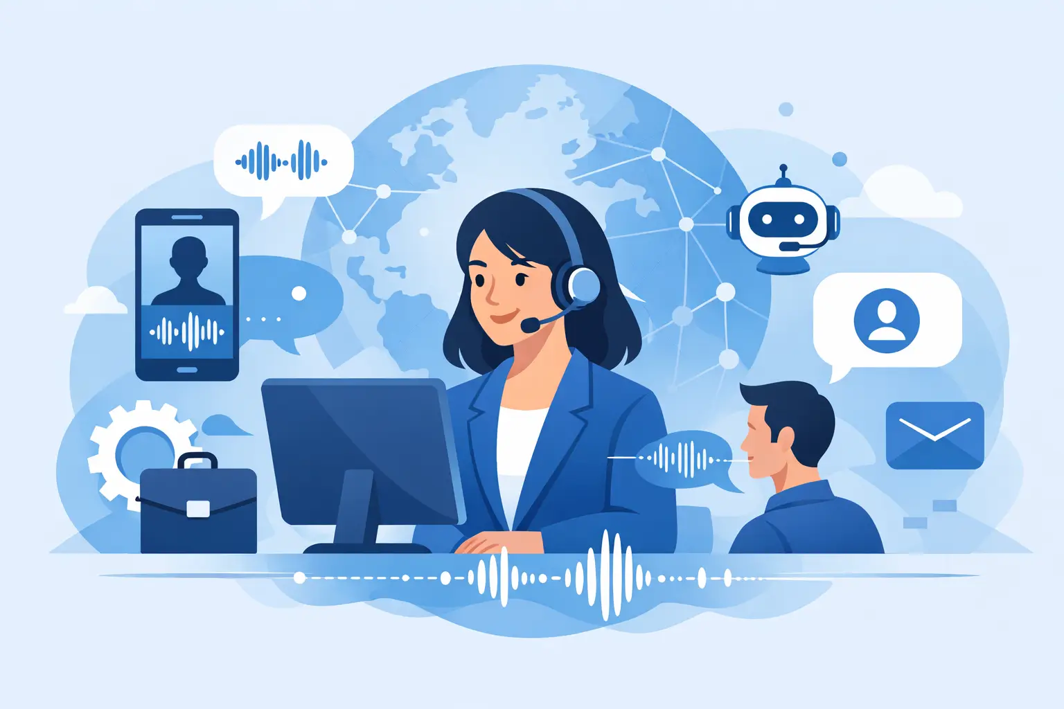 Illustration of an AI voice agent handling a customer phone call with sound waves and connected app icons representing CRM and scheduling integrations