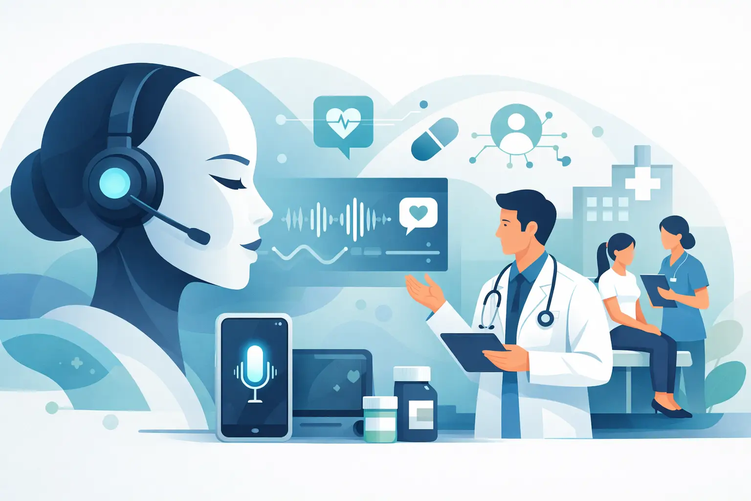 AI voice waveform over a medical reception desk phone, symbolizing automated patient phone handling and appointment scheduling