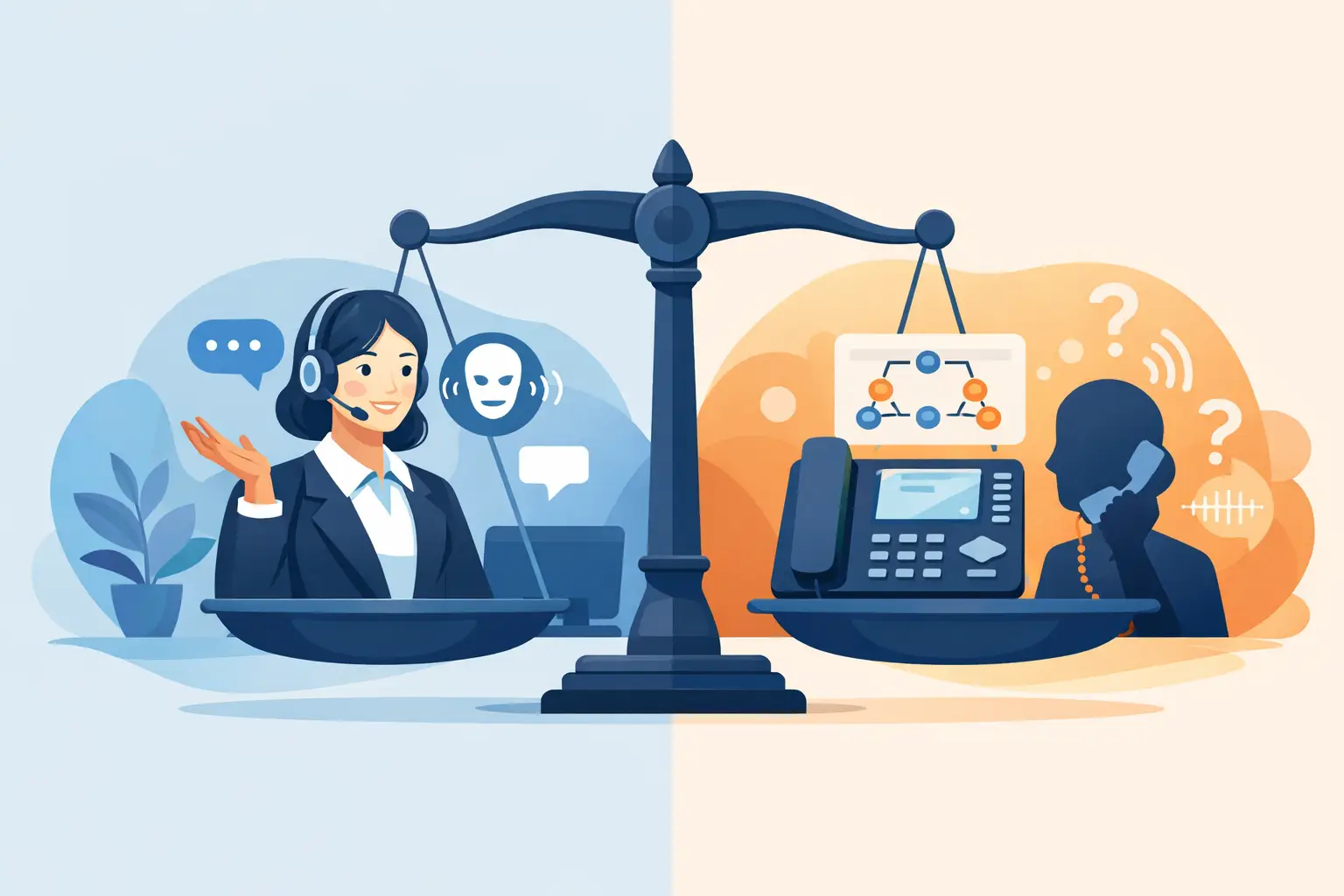 Graphic comparing an AI receptionist (speech bubbles, natural conversation) with a traditional IVR menu (keypad options and prompts)