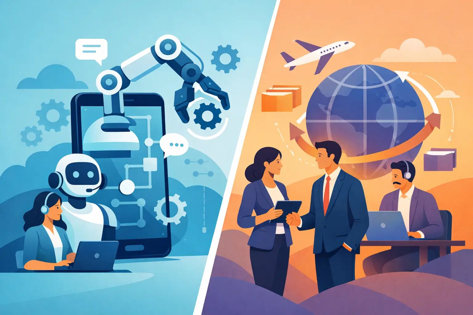 Conceptual image showing a phone call split between an AI voice waveform and a human call center agent representing automation versus outsourcing