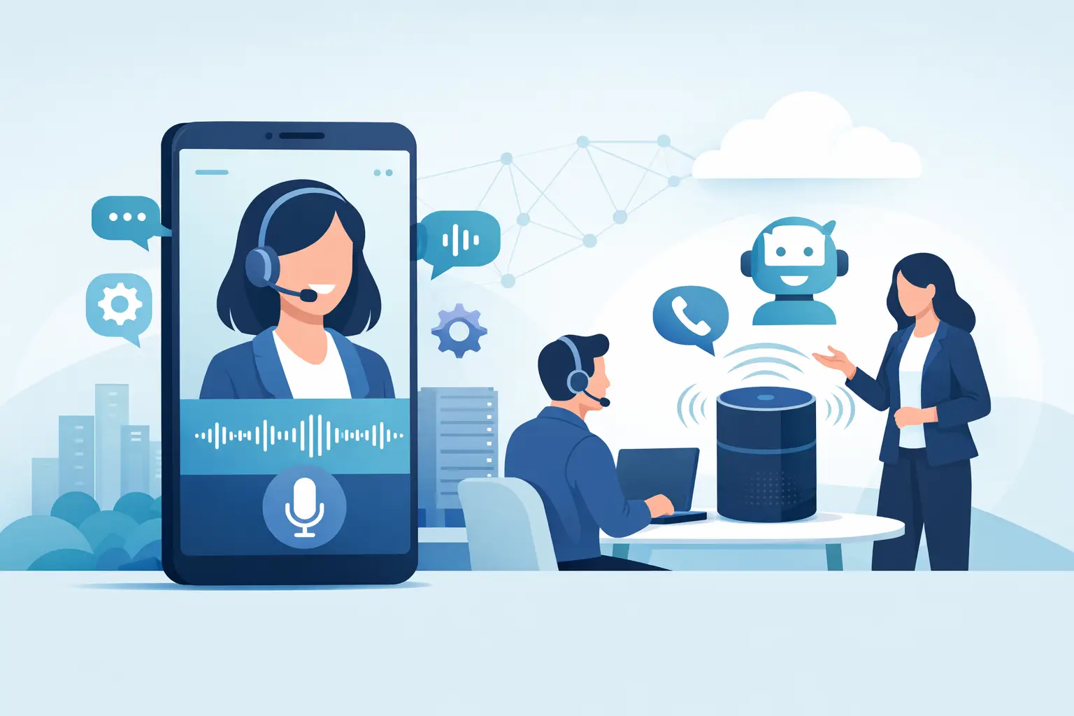 Diagram showing a voice agent handling a customer call with icons for telephony, CRM, calendar, and integration flow