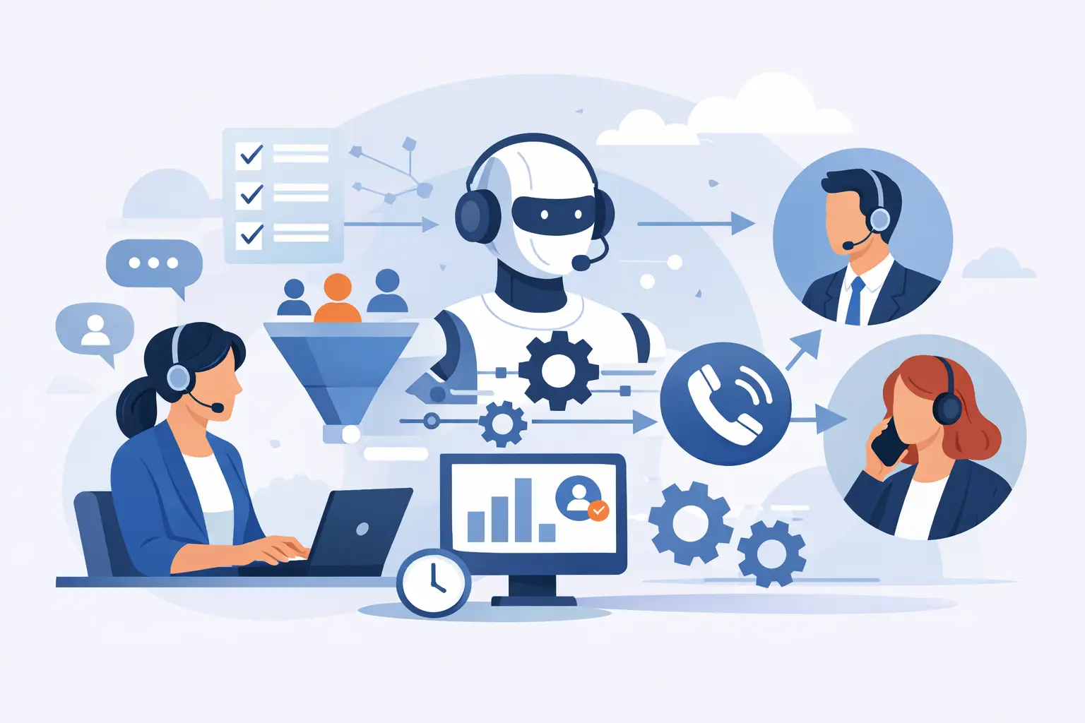 AI voice agent handling a lead qualification phone call with analytics dashboard and call routing icons