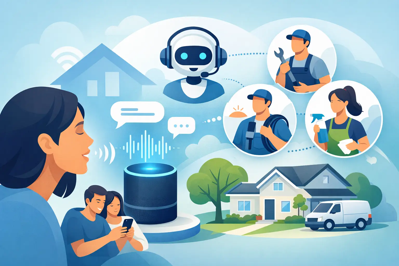 Illustration of a conversational AI voice waveform overlaying a home service call center, showing AI handling booking and customer queries