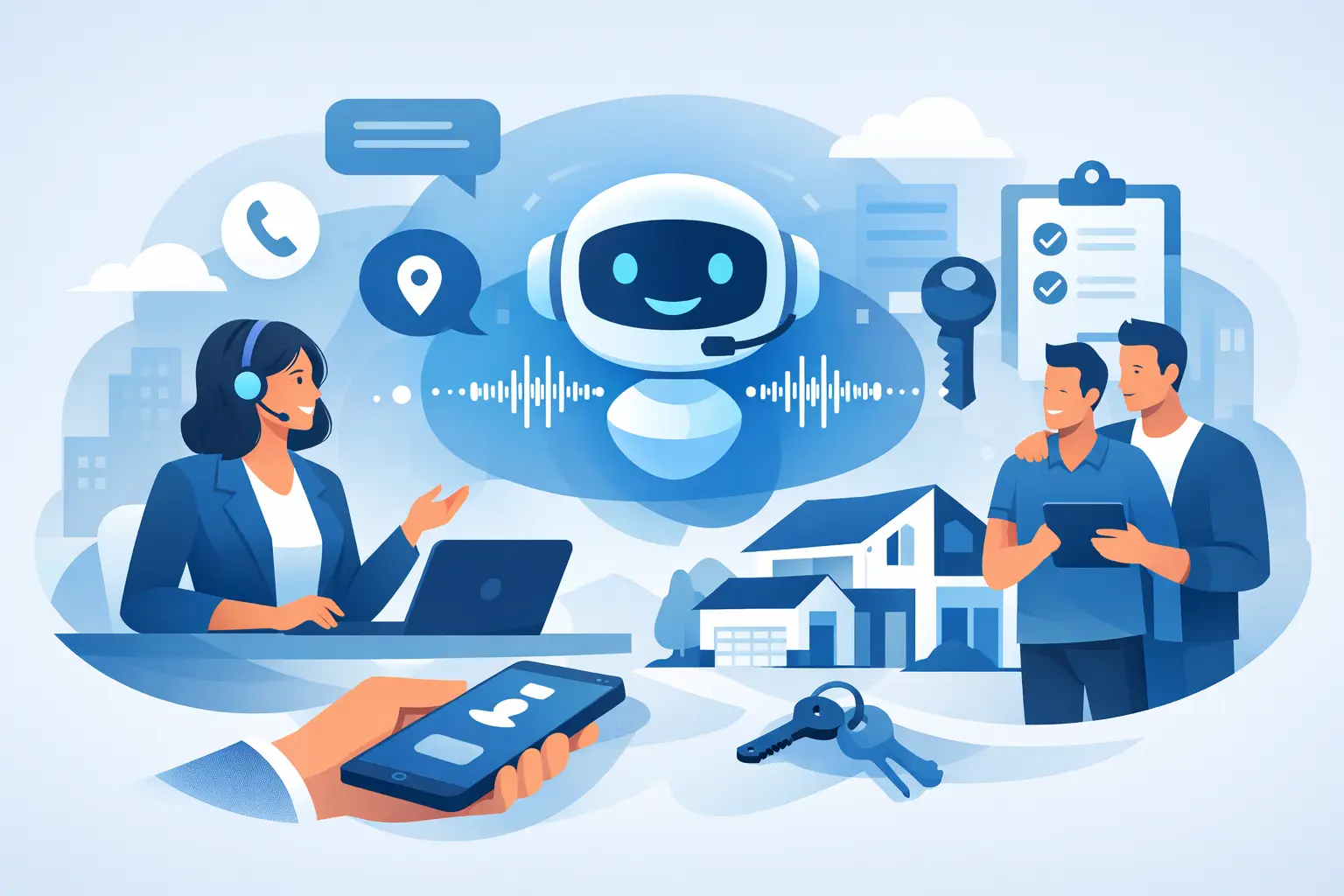 Real estate phone call handled by an AI voice assistant, showing a phone, house icon, and voice waveform representing automated lead capture and scheduling