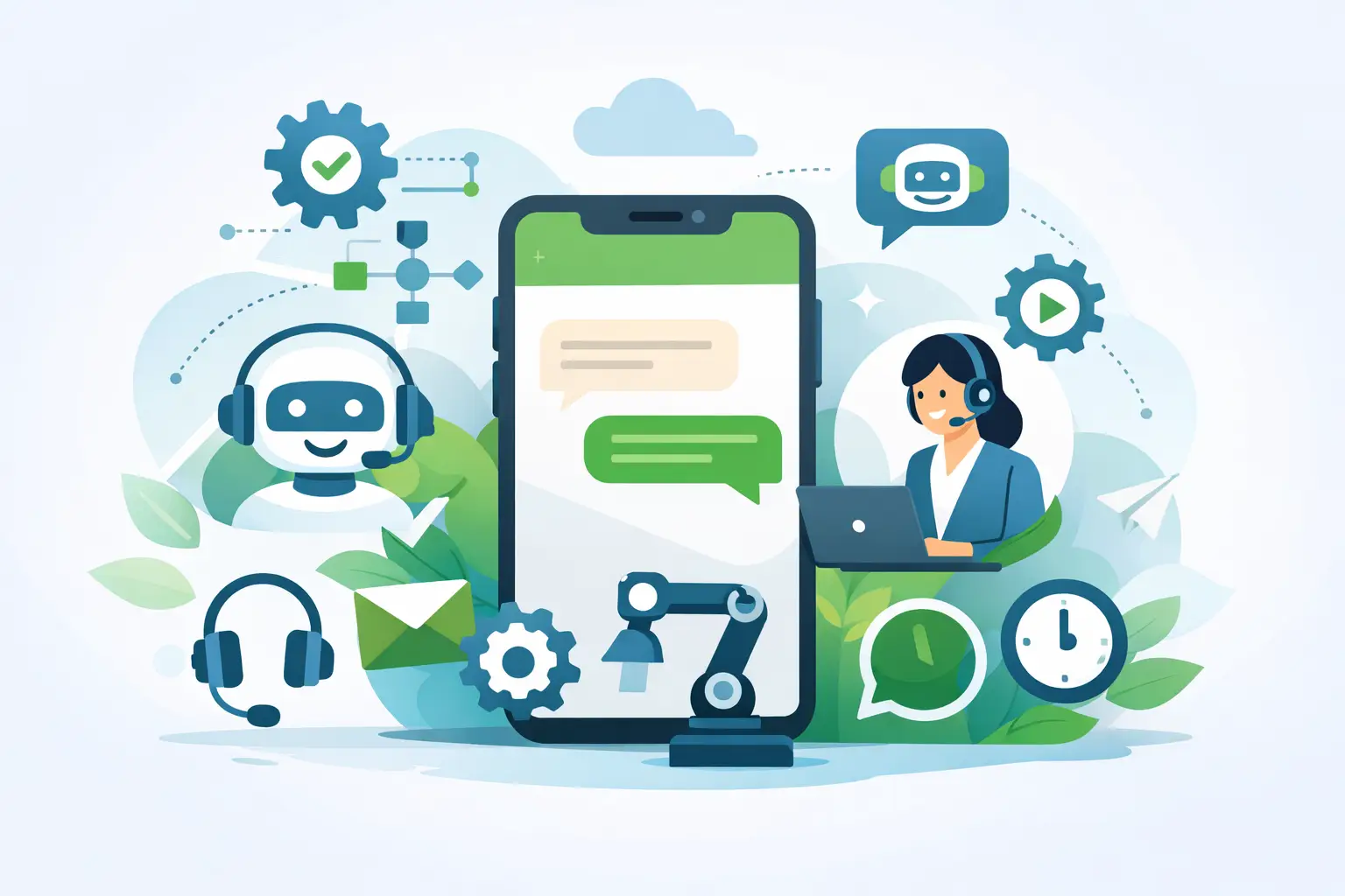 Support dashboard showing WhatsApp conversations, chatbot automation flows, and agent inbox for customer service