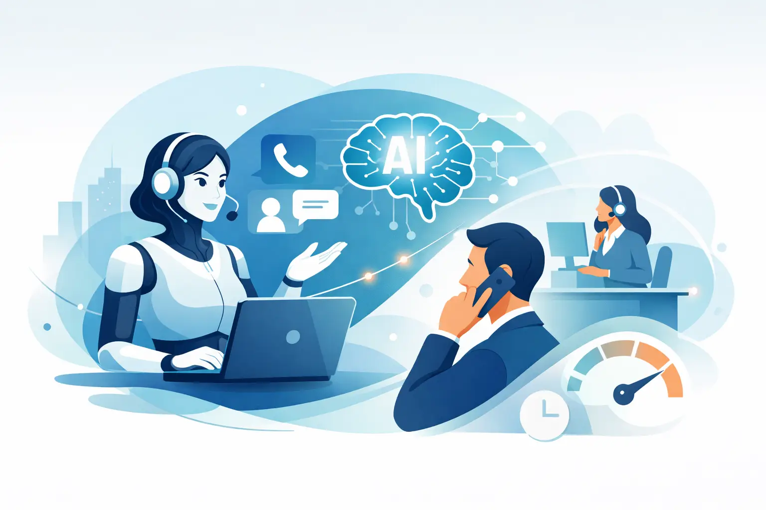 Caller speaking on a phone with an AI waveform overlay representing an automated receptionist handling the call