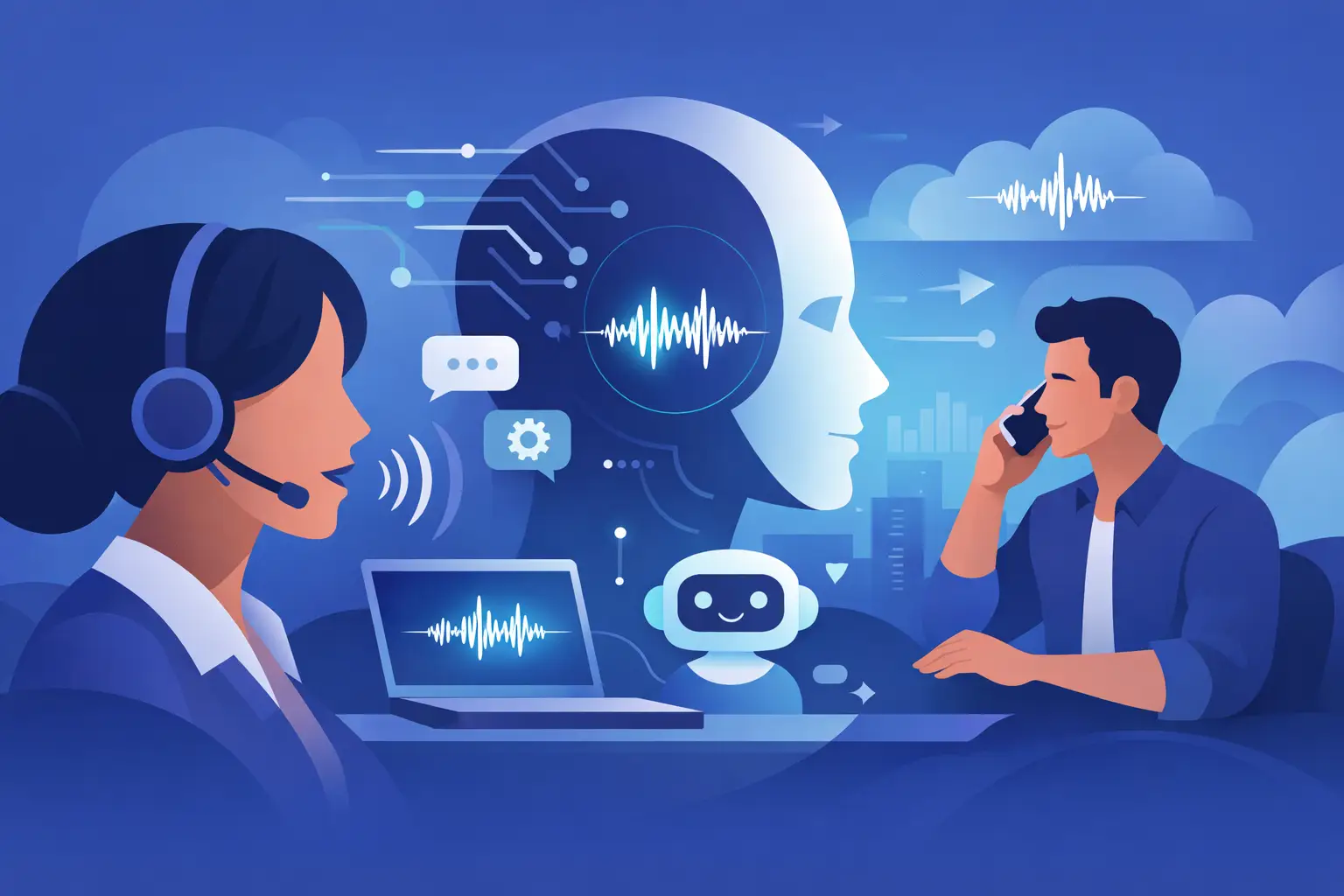 Illustration of a real-time voice AI handling a customer call with waveform, headset, and agent interface indicating fast interruption-aware responses