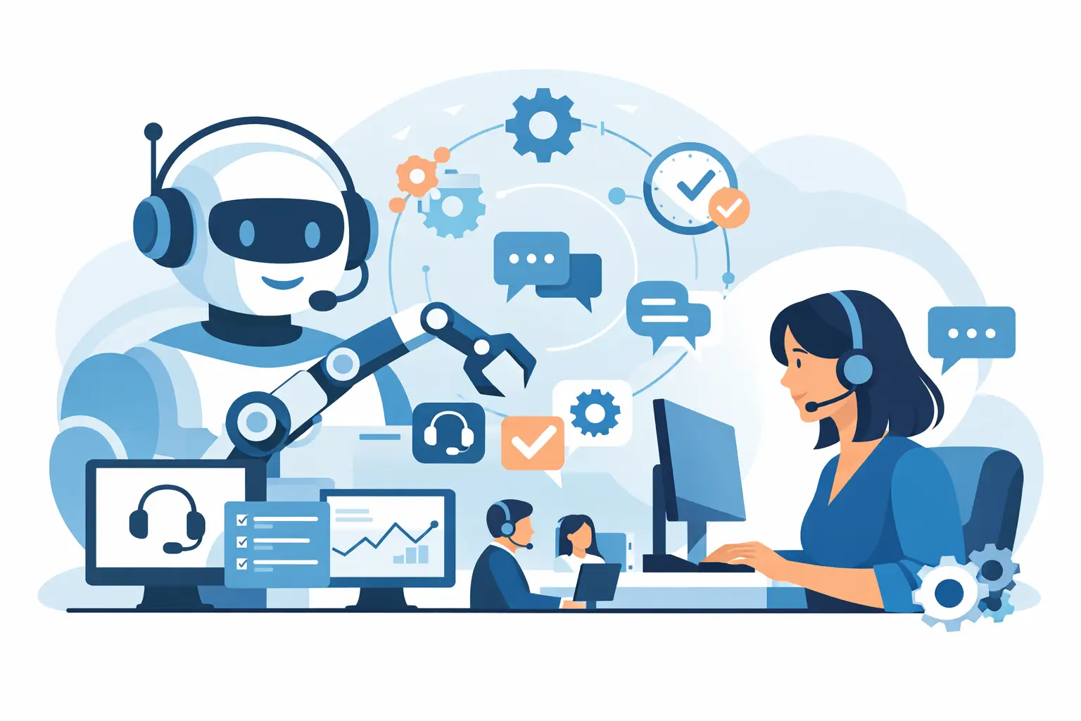 Illustration of an AI voice agent routing calls to human agents with CRM and calendar integrations, showing waveform and headset icons