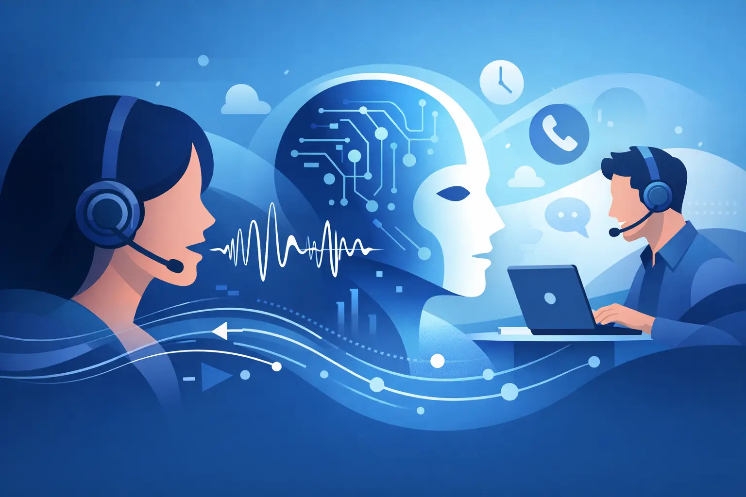 Abstract illustration of a voice waveform, headset, and stopwatch indicating ultra low latency in conversational AI for call centers