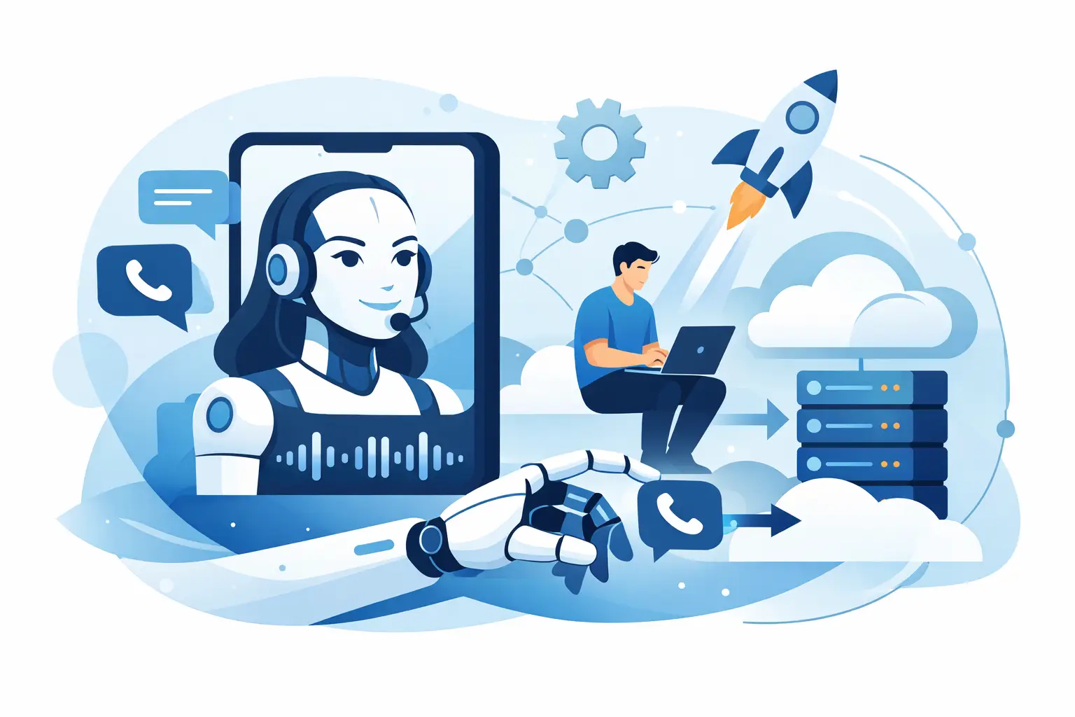 Illustration of an AI phone agent handling a customer call with call flow diagram and integrations to calendar and CRM systems