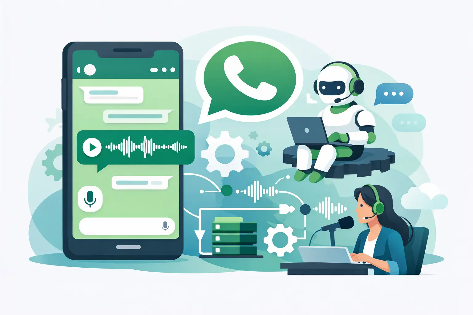 Illustration of WhatsApp voice automation flow showing a user voice note, AI processing, integrations to CRM/order systems, and handoff to a human agent.